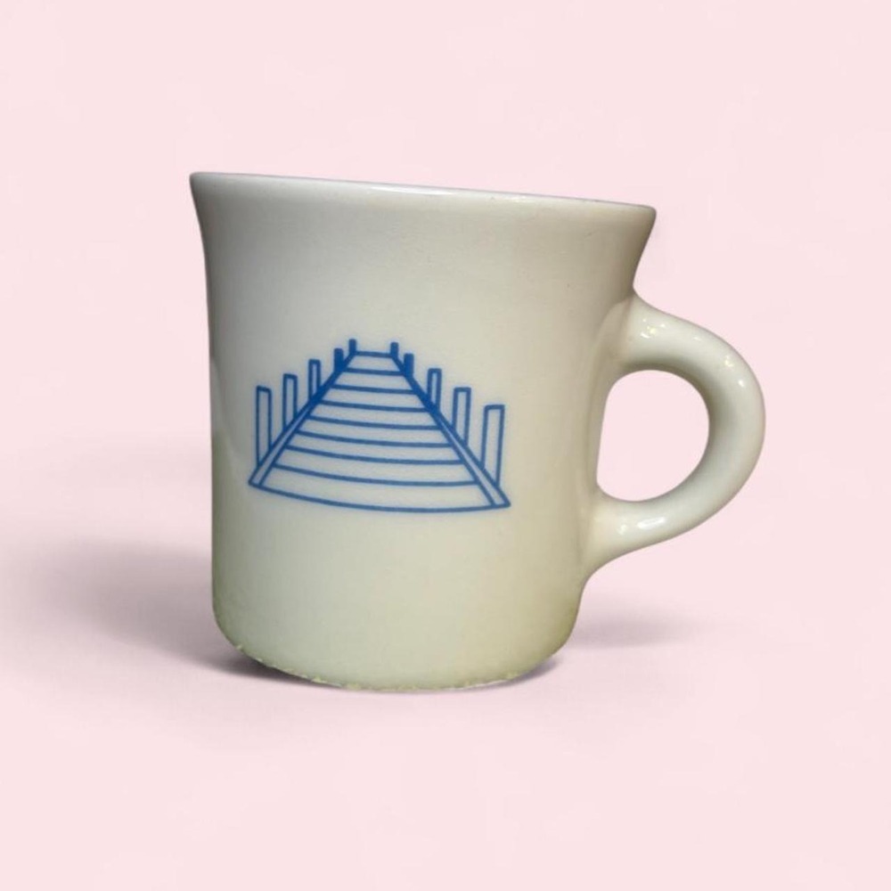 Vintage Homer Laughlin Dock Pier Coffee Mug Blue Graphic USA Ivory Ceramic Mug